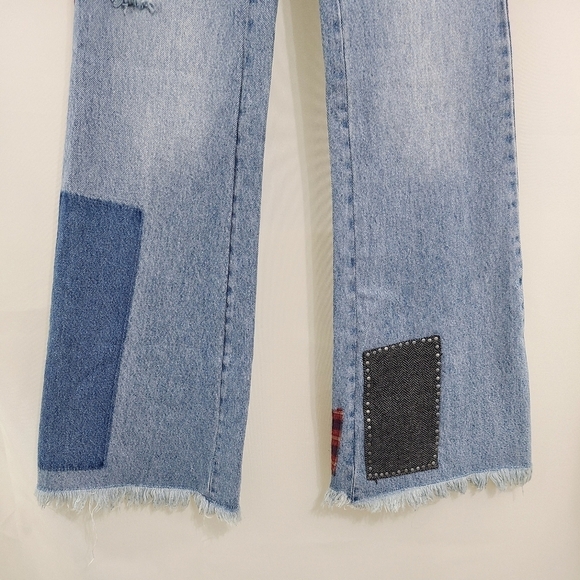 Free People Plaid Mixed Slim Flare Jeans patchwork studded size 24 - Picture 7 of 9